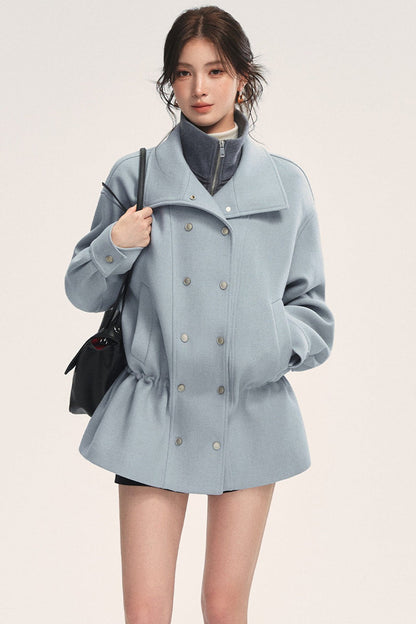 Blue Oversized Dropped Shoulder Double-Breasted Woolen Jacket