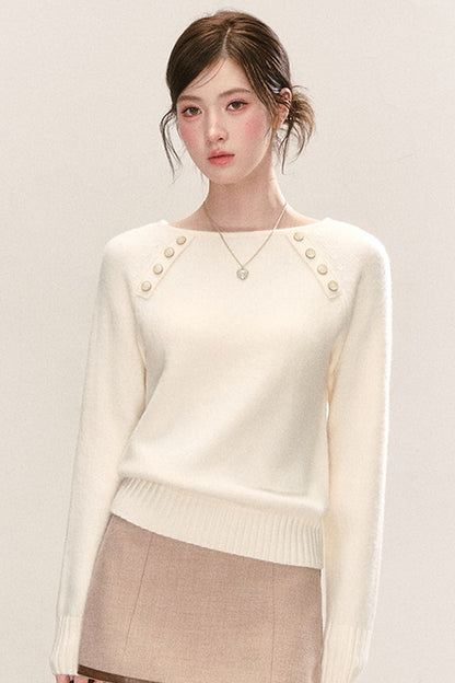 Diagonal Button Round Neck Knit Sweater