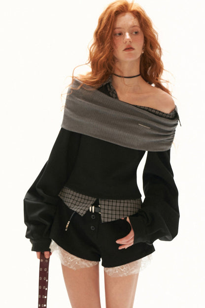 Plaid Patchwork Off-Shoulder Sweatshirt
