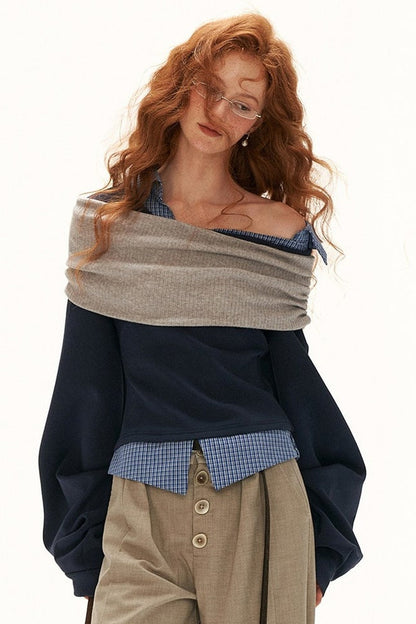 Plaid Patchwork Off-Shoulder Sweatshirt