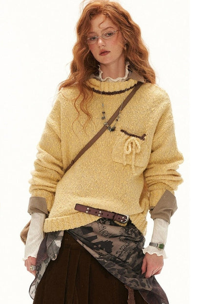 Loose Wool Yarn High Collar Pocket Sweater