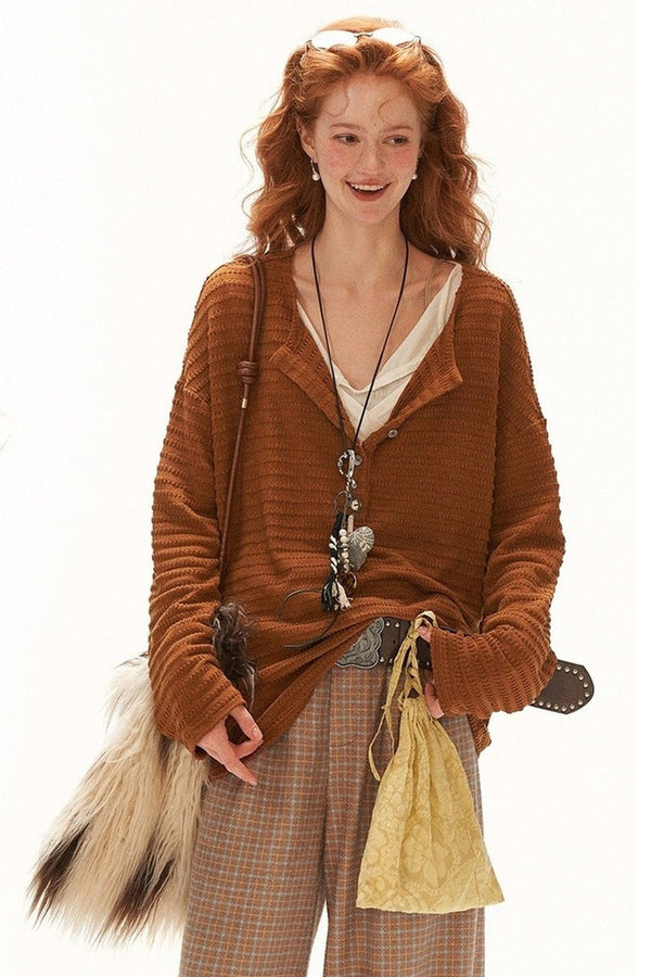 Cloud Texture Drapey Henry Collar Long-Sleeve T-Shirt