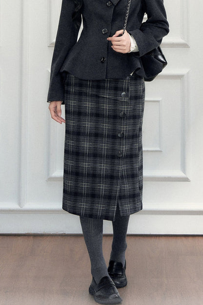 Turn-Down Collar Woolen Blazer and Hip-Hugging Long Skirt Set-Up