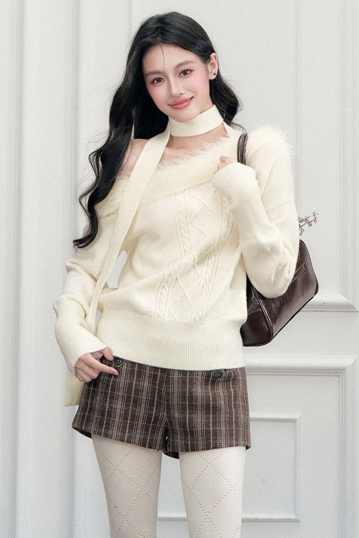 Fur Collar Off-Shoulder Cable Knit Sweater