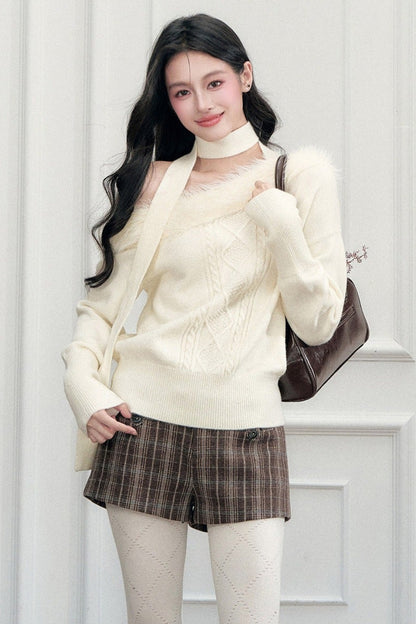 Fur Collar Off-Shoulder Cable Knit Sweater
