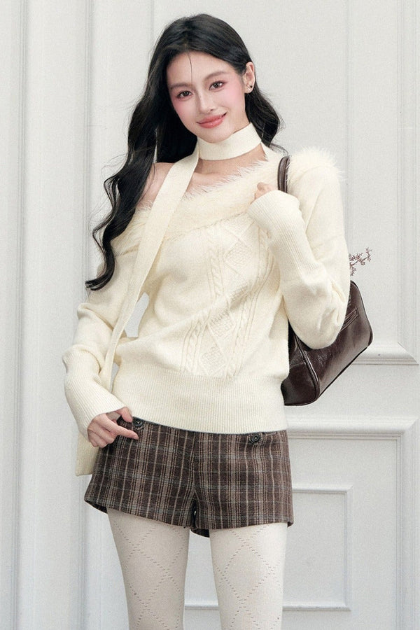 Fur Collar Off-Shoulder Cable Knit Sweater