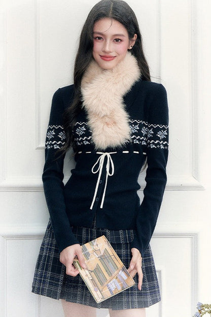 Navy Fair Isle Cardigan and Plaid Skirt Set-Up