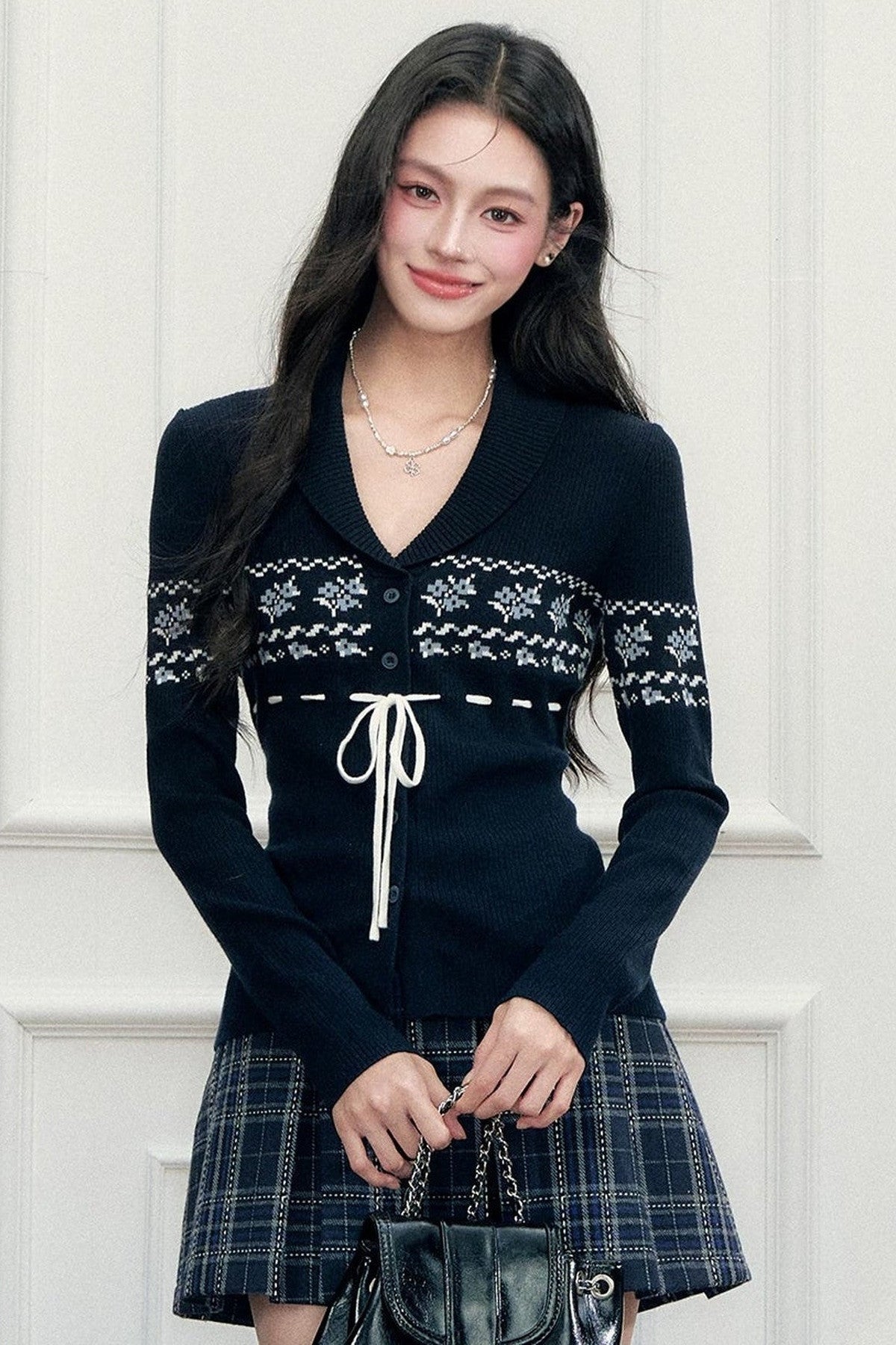Navy Fair Isle Cardigan and Plaid Skirt Set-Up