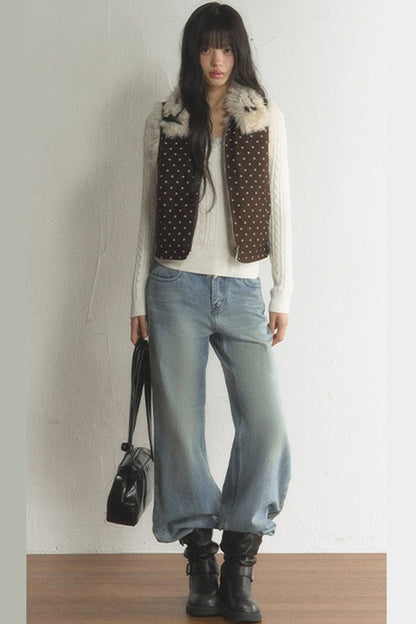 Retro Polka Dot Fur Collar Vest and Pants Set-Up