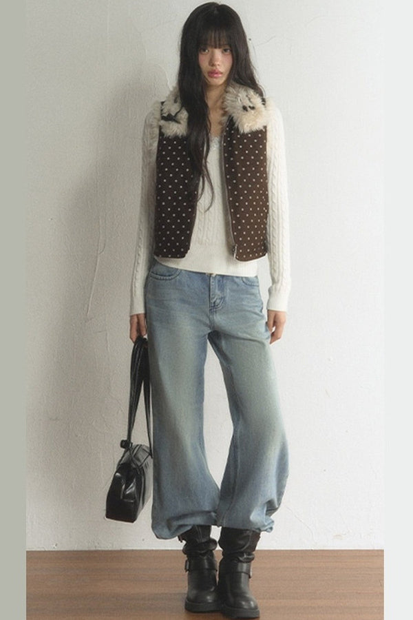 Retro Polka Dot Fur Collar Vest and Pants Set-Up