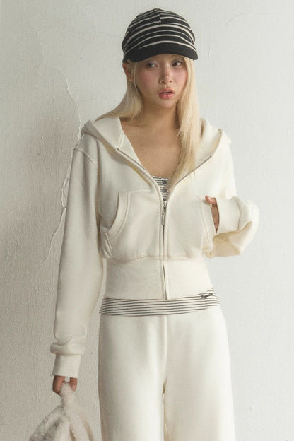 Short Hooded Sweatshirt Jacket and Pants Set-Up