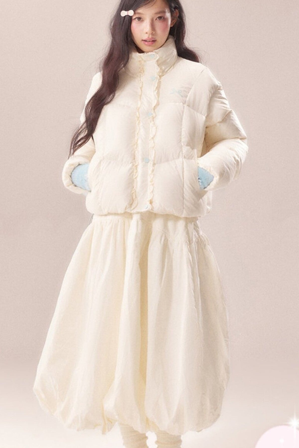 Short Embroidered Bow Lace Down Jacket