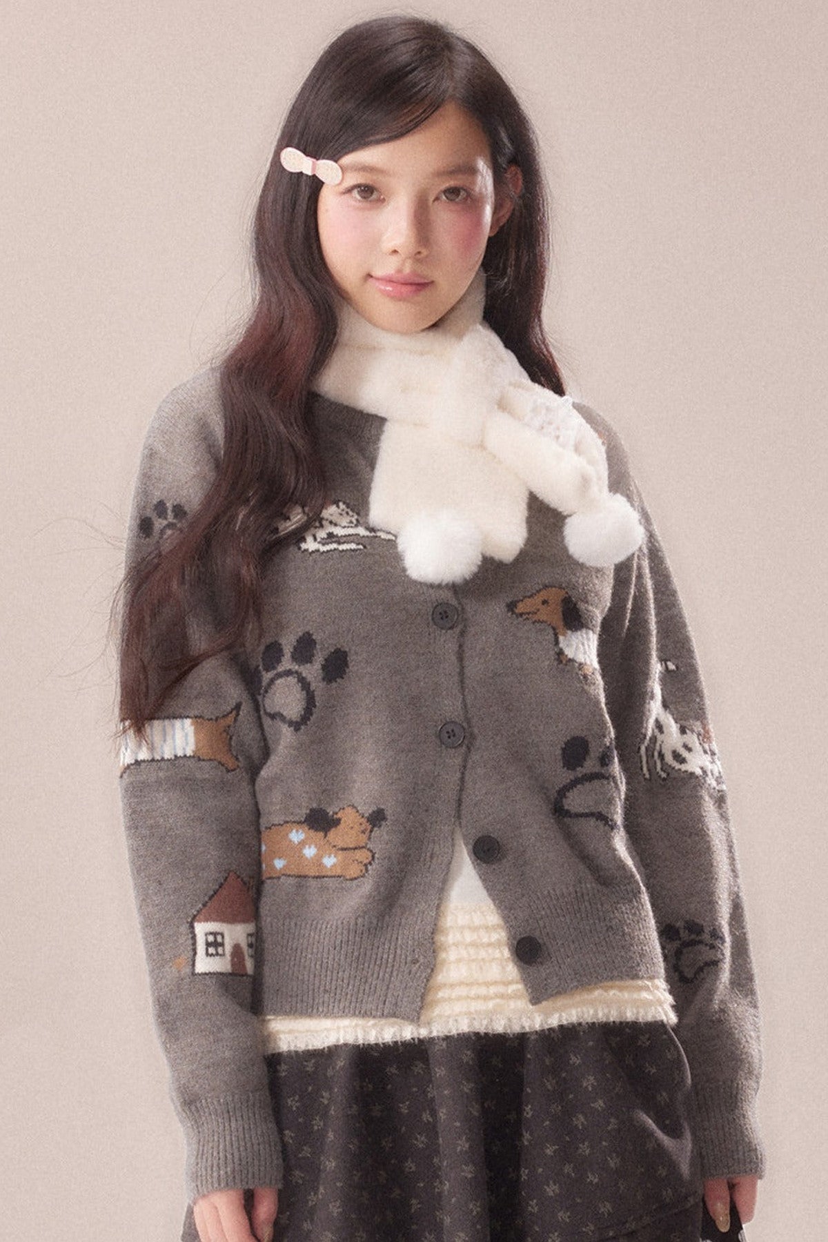 Paw Print Jacquard Knit Cardigan