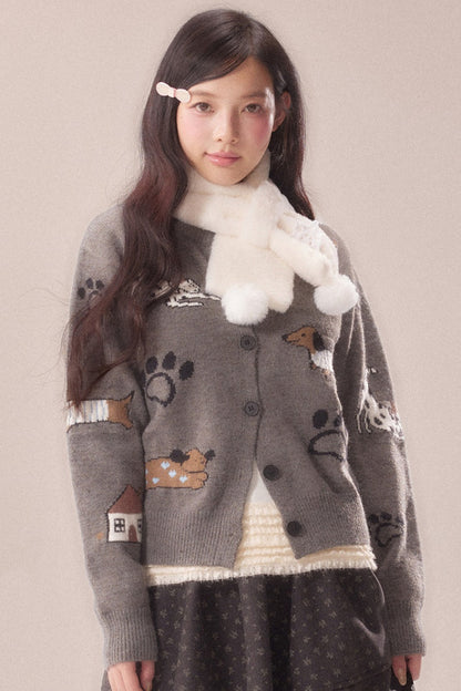 Paw Print Jacquard Knit Cardigan