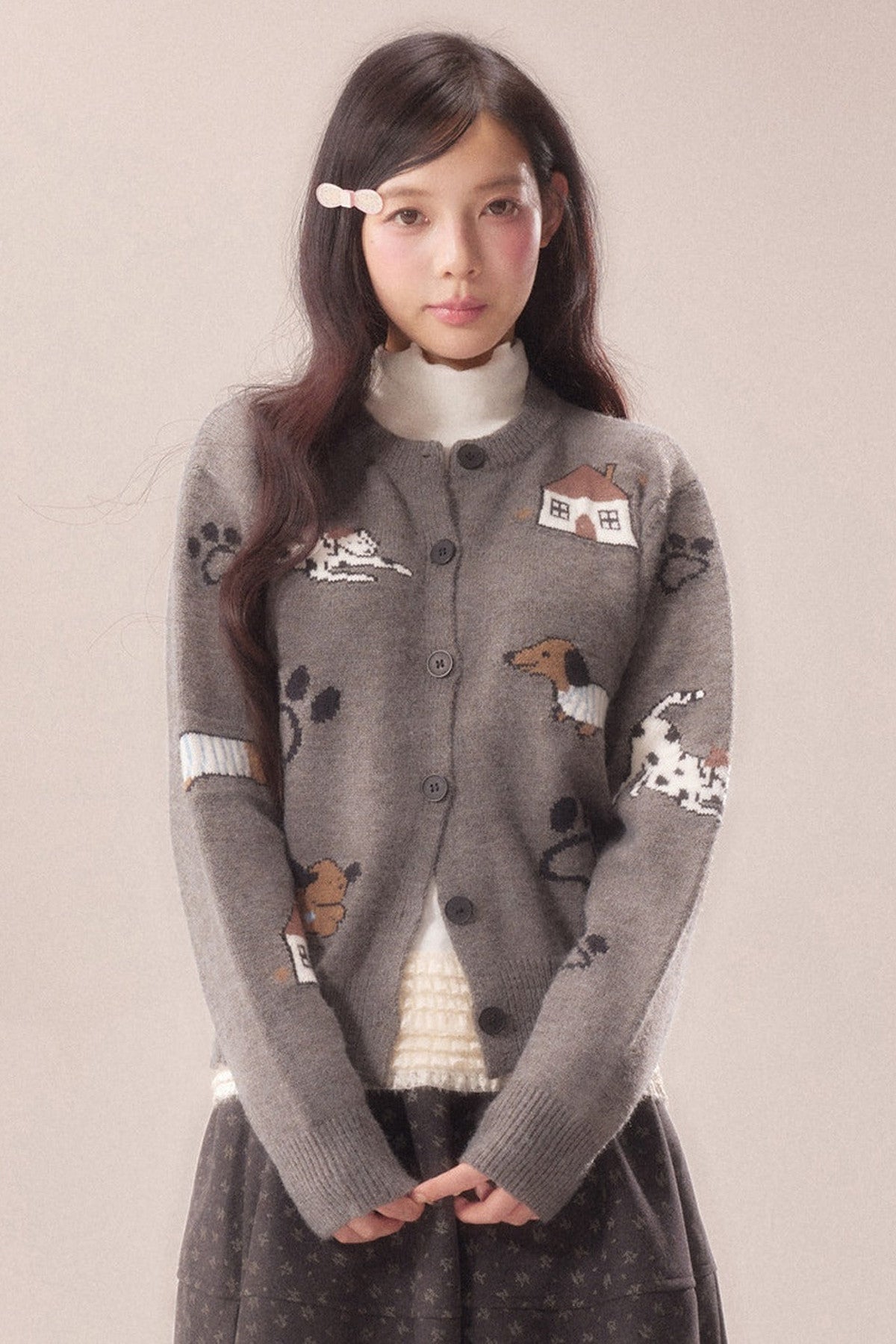 Paw Print Jacquard Knit Cardigan