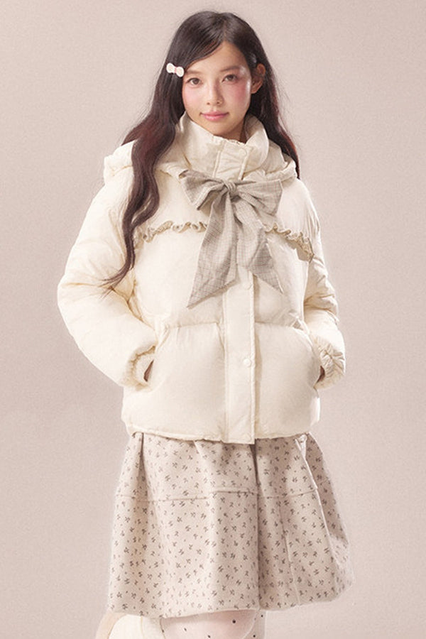 Plaid Bow Lace Short Down Jacket