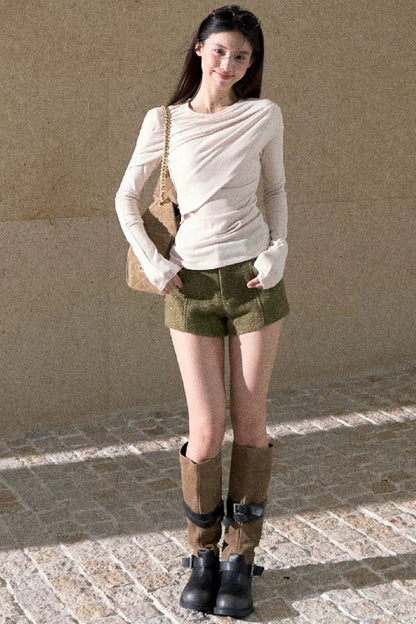 Gold Thread Wool Blend High-Waisted Shorts