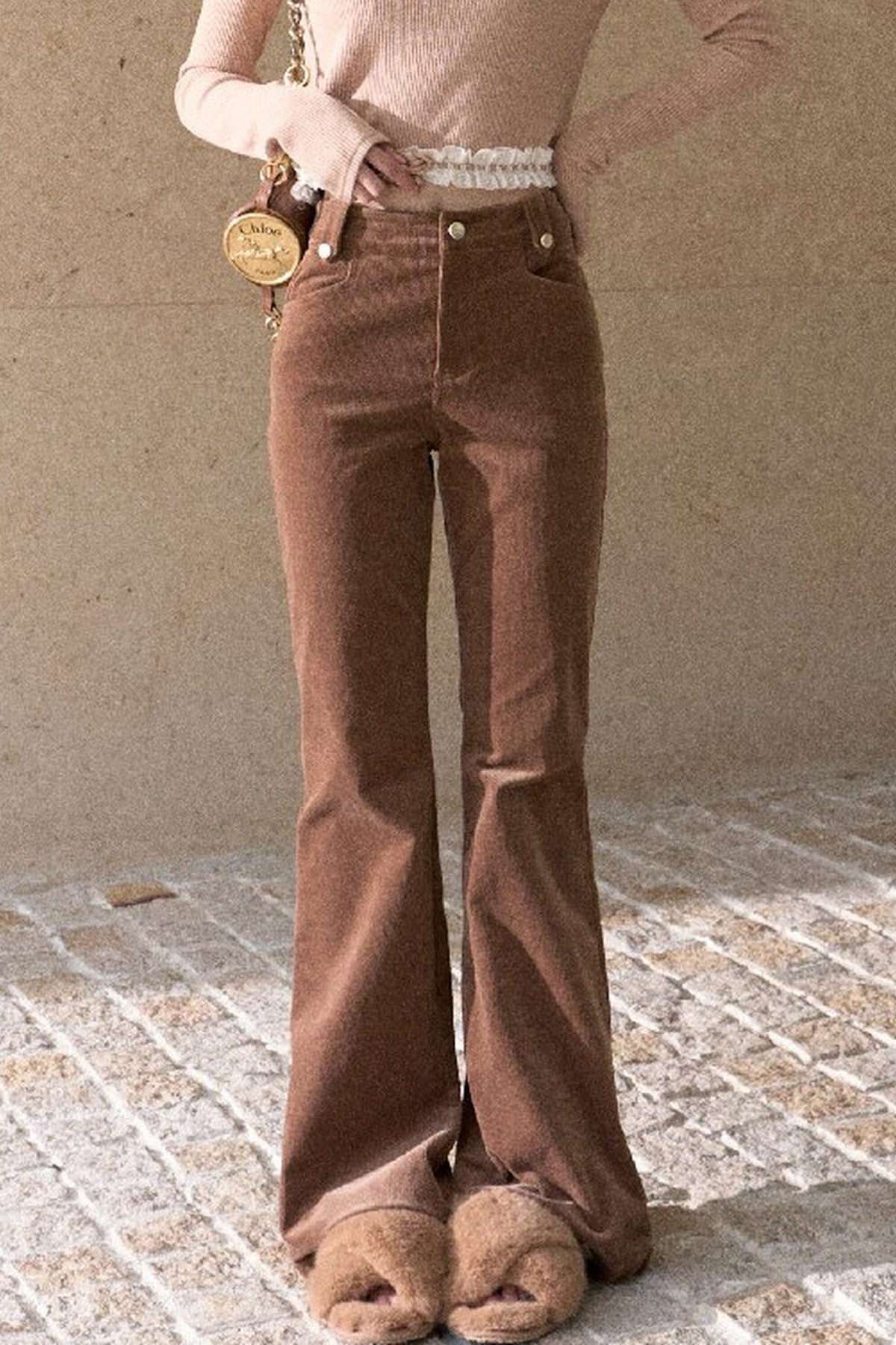 High-Waisted Corduroy Flared Belt Loops Pants