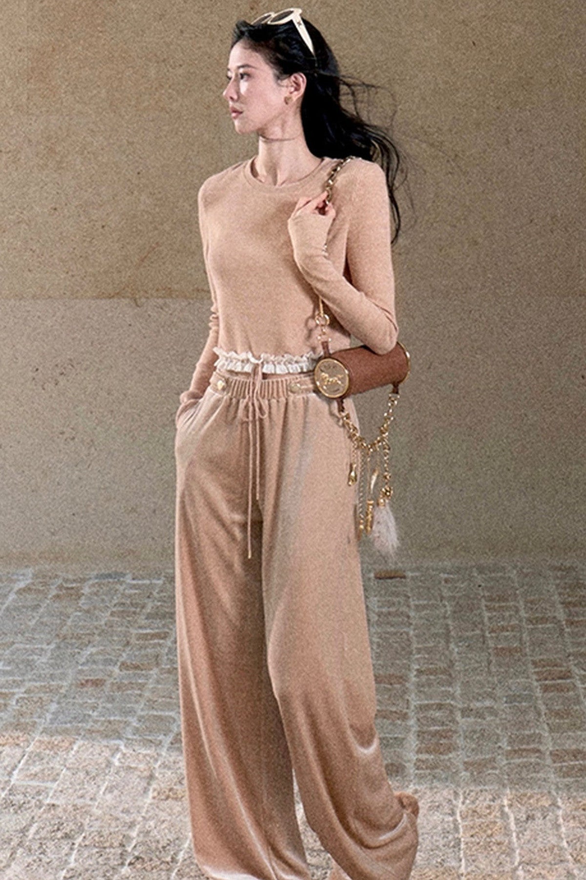 Lace Knit Long-Sleeve Top and Drape Velvet Straight-Leg Pants Set-Up