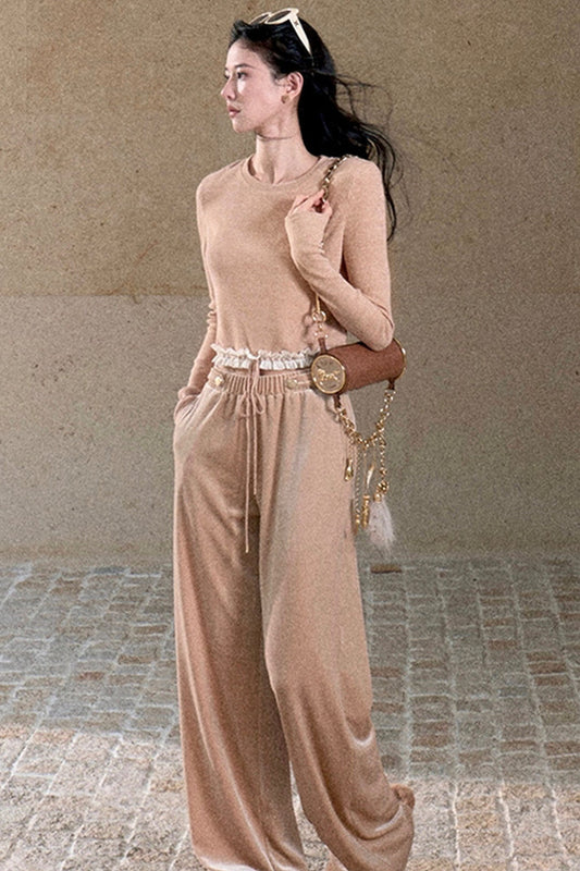Lace Knit Long-Sleeve Top and Drape Velvet Straight-Leg Pants Set-Up