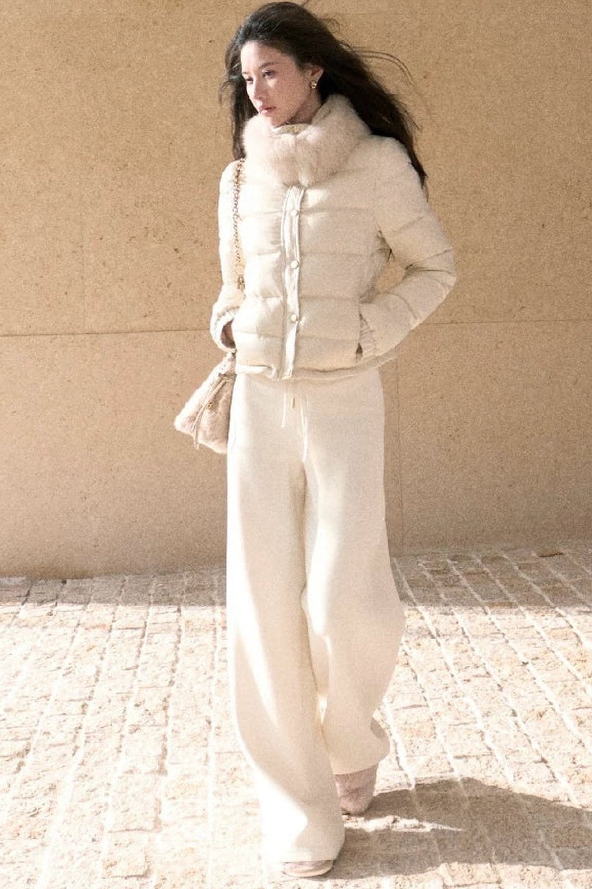 Detachable Fur Collar White Duck Down Jacket