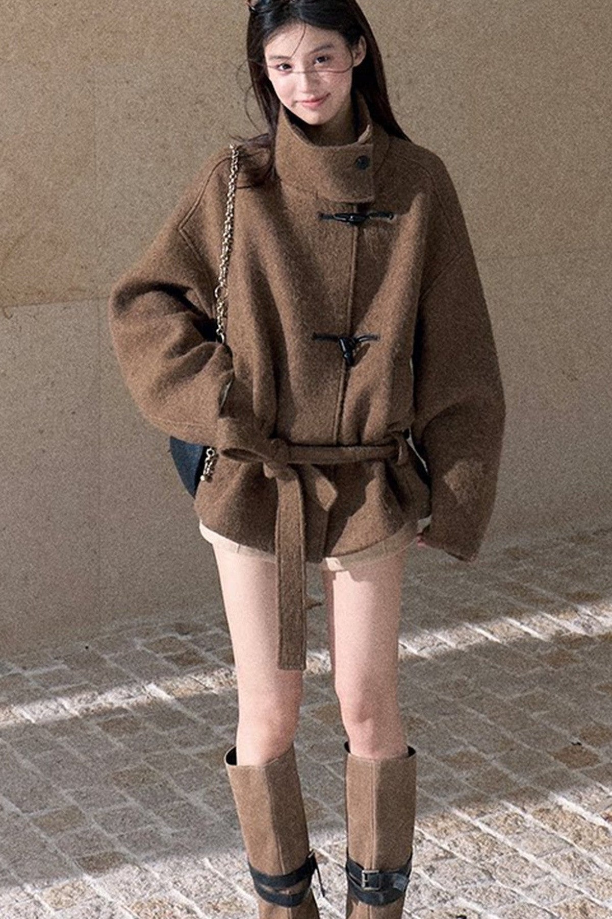 Horn Button Wool Blend Tie Coat