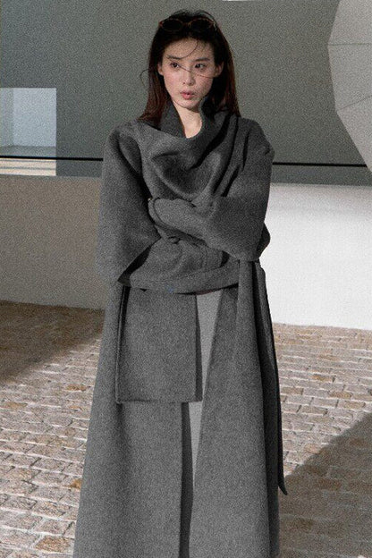 Double-Sided Wool Scarf Collar Coat