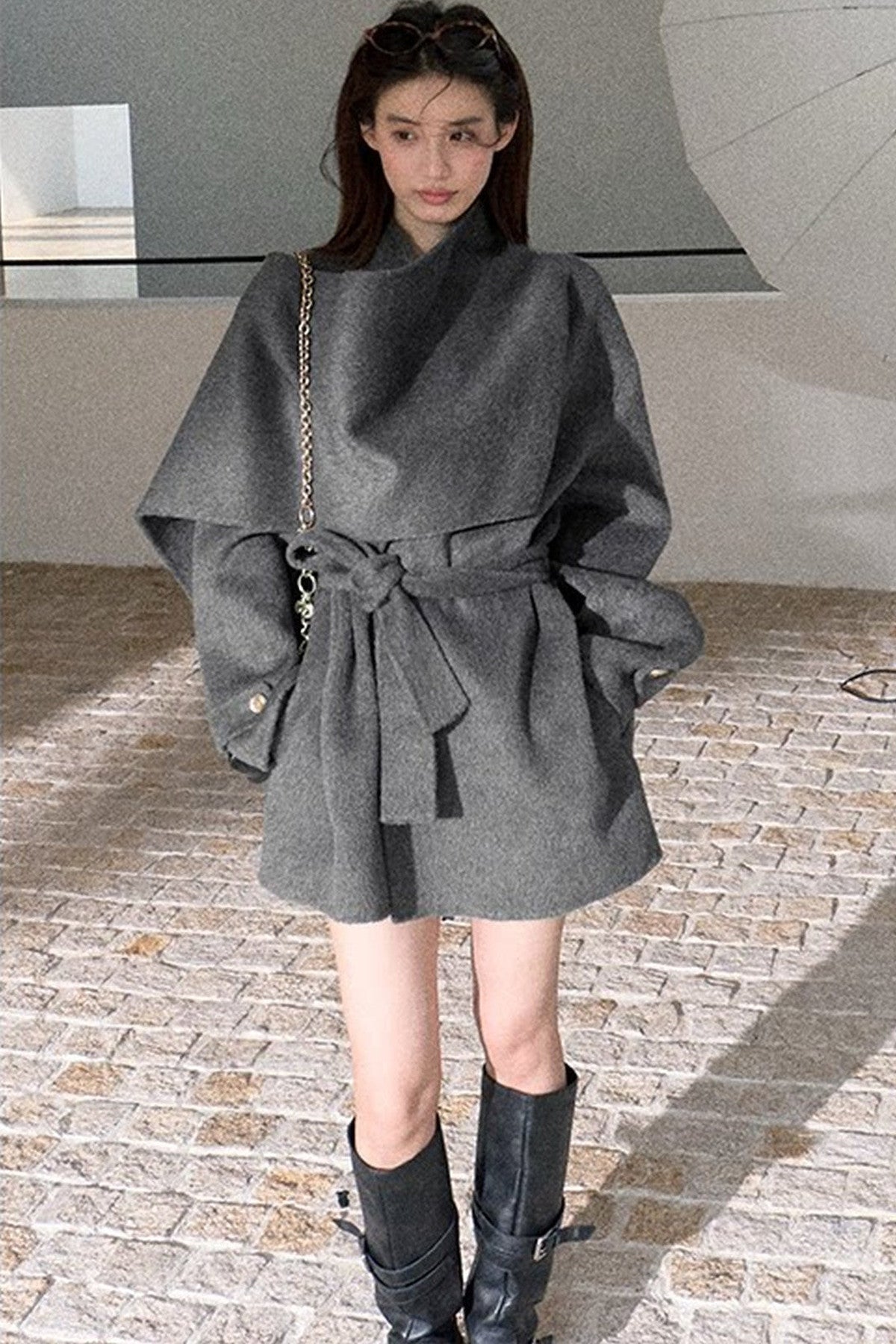 Double-Sided Wool Scarf Collar Coat