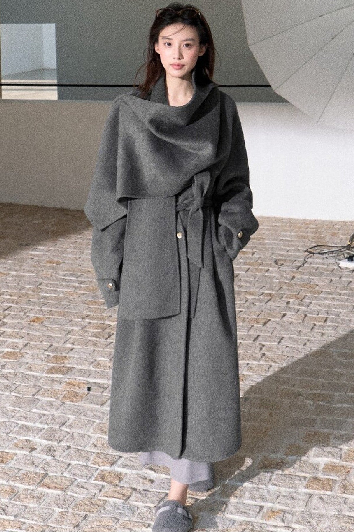 Double-Sided Wool Scarf Collar Coat