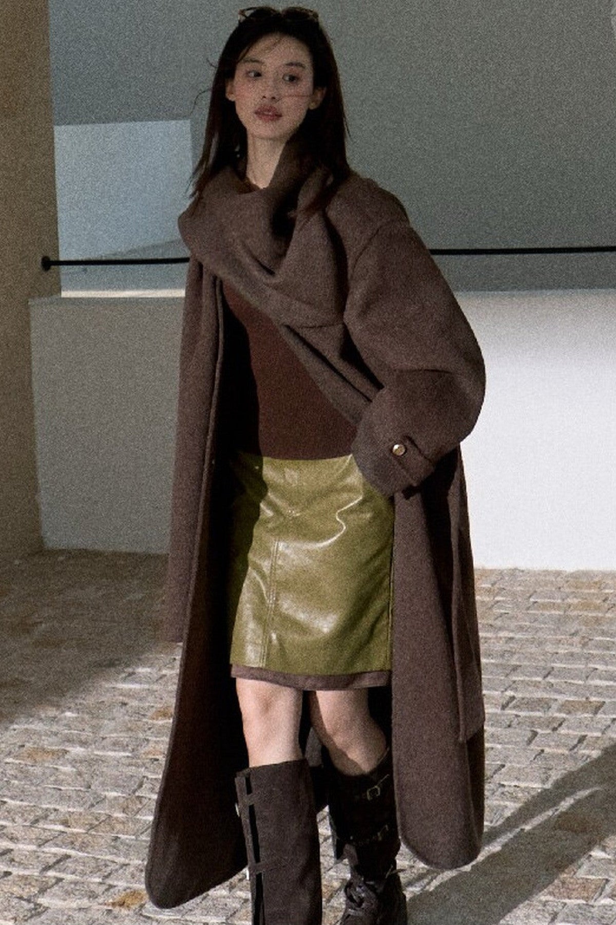 Double-Sided Wool Scarf Collar Coat