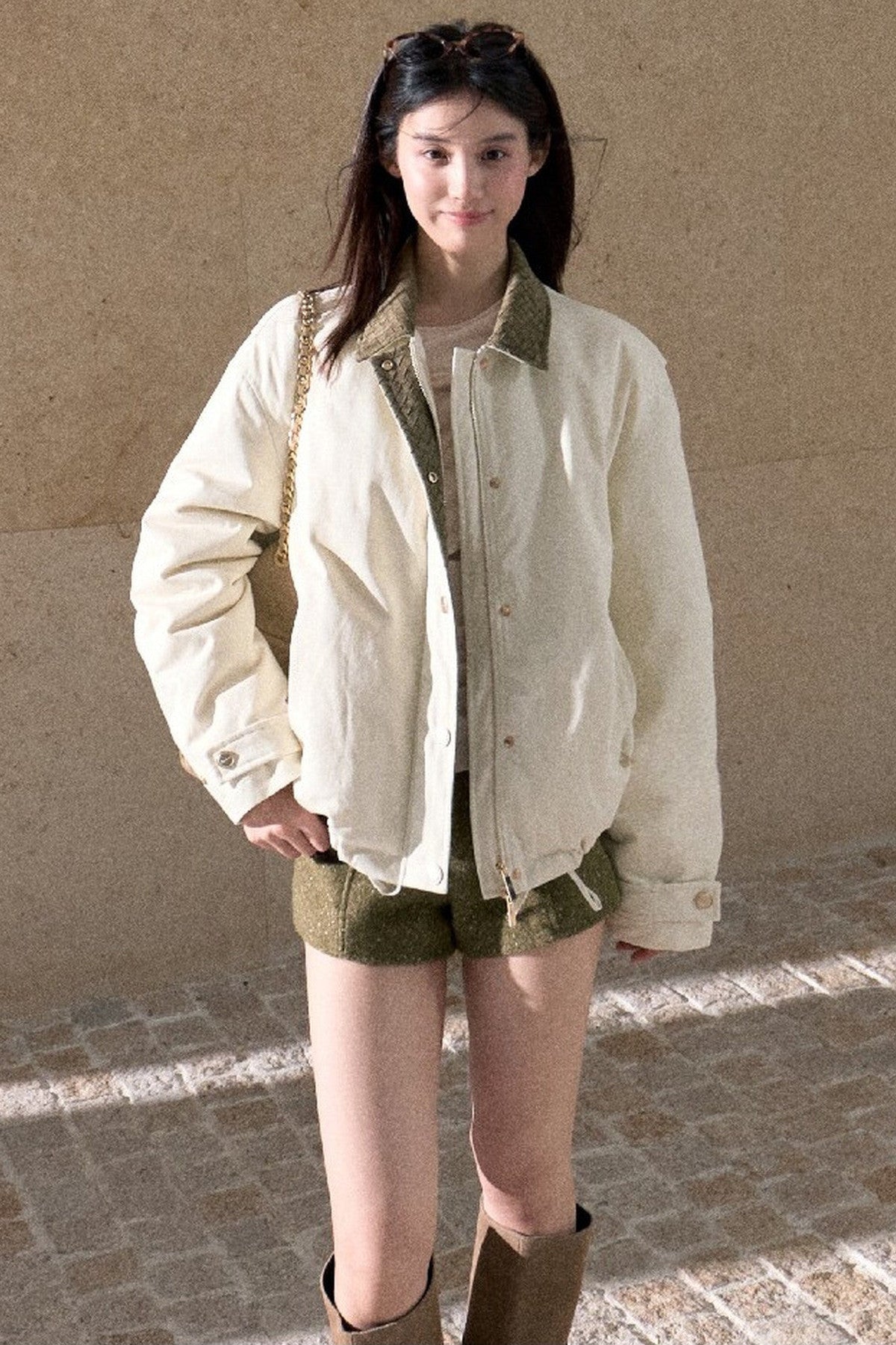 Suede Spliced 95% White Duck Down Jacket