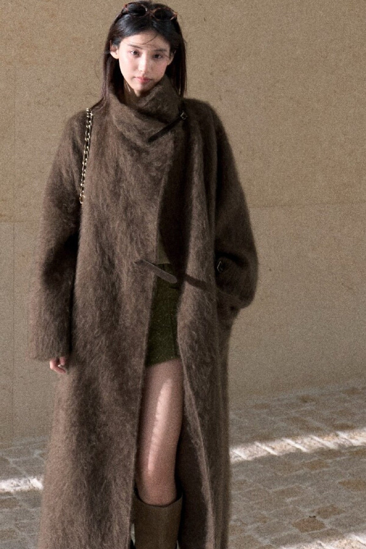 Brushed Cashmere Silk Funnel Collar Coat