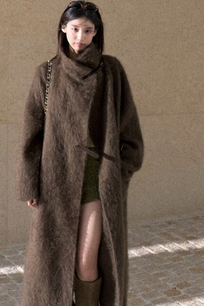 Brushed Cashmere Silk Funnel Collar Coat