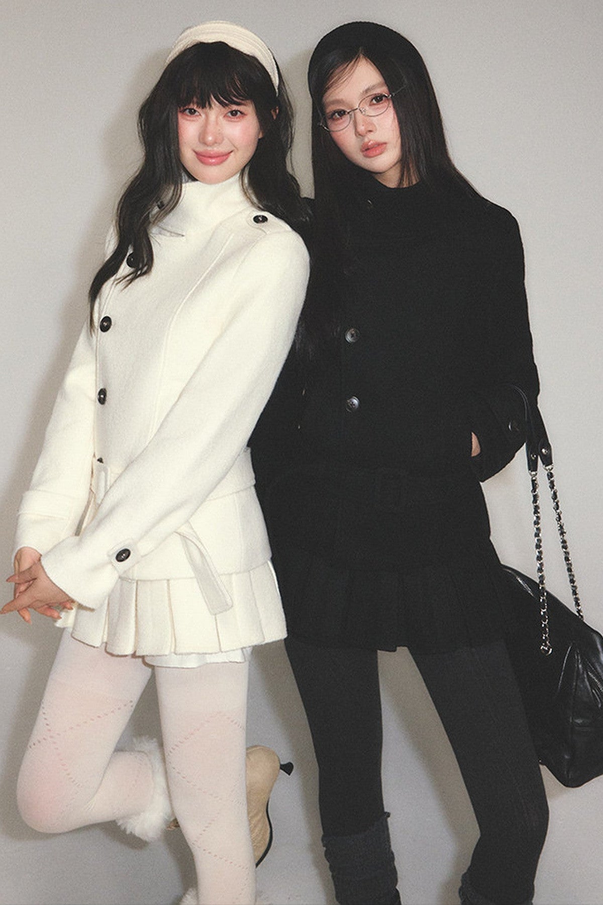 Detachable Belt Woolen Coat and Pleated Skirt Set-Up