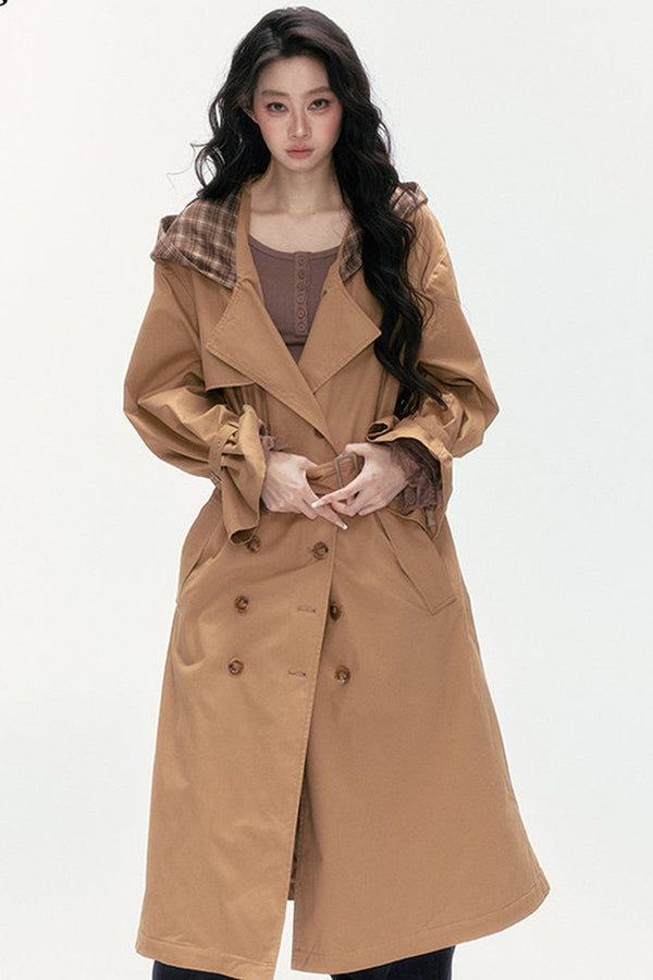 Plaid Patchwork Double-Breasted Hooded Padded Trench Coat