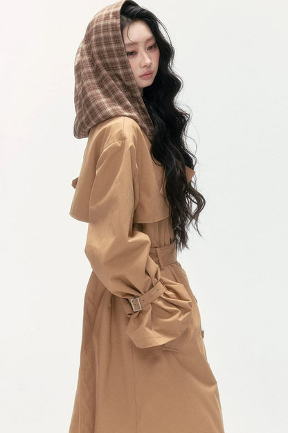 Plaid Patchwork Double-Breasted Hooded Padded Trench Coat