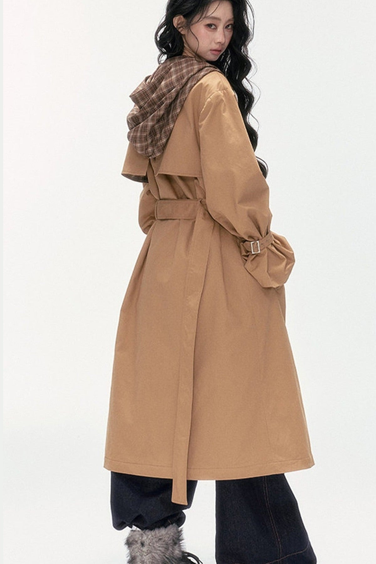 Plaid Patchwork Double-Breasted Hooded Padded Trench Coat