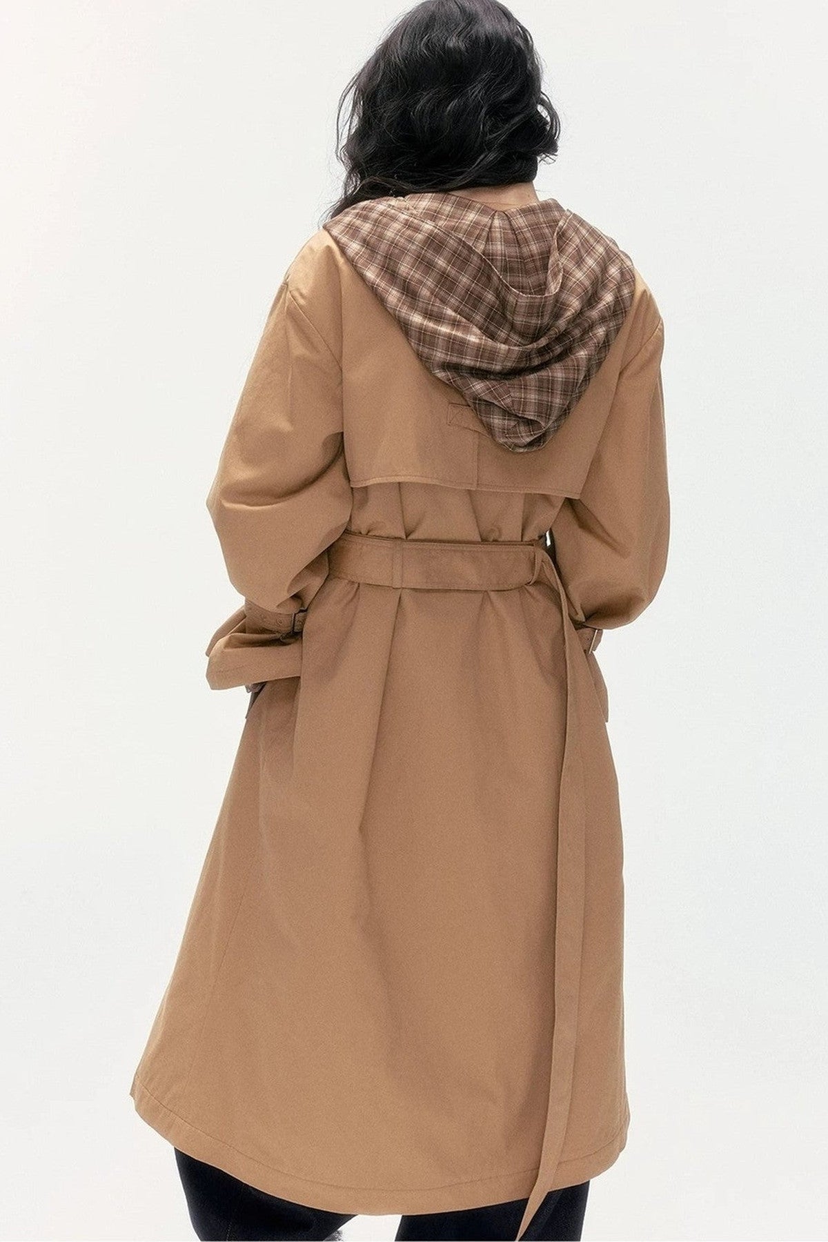 Plaid Patchwork Double-Breasted Hooded Padded Trench Coat
