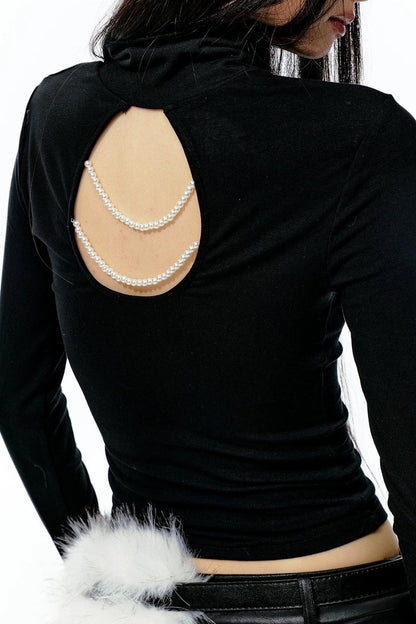 Large Hollow-Out Pearl Chain High-Neck Knit Top