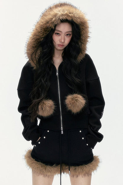 Studded Embroidered Detachable Fur Collar Sweatshirt And Shorts Set-Up