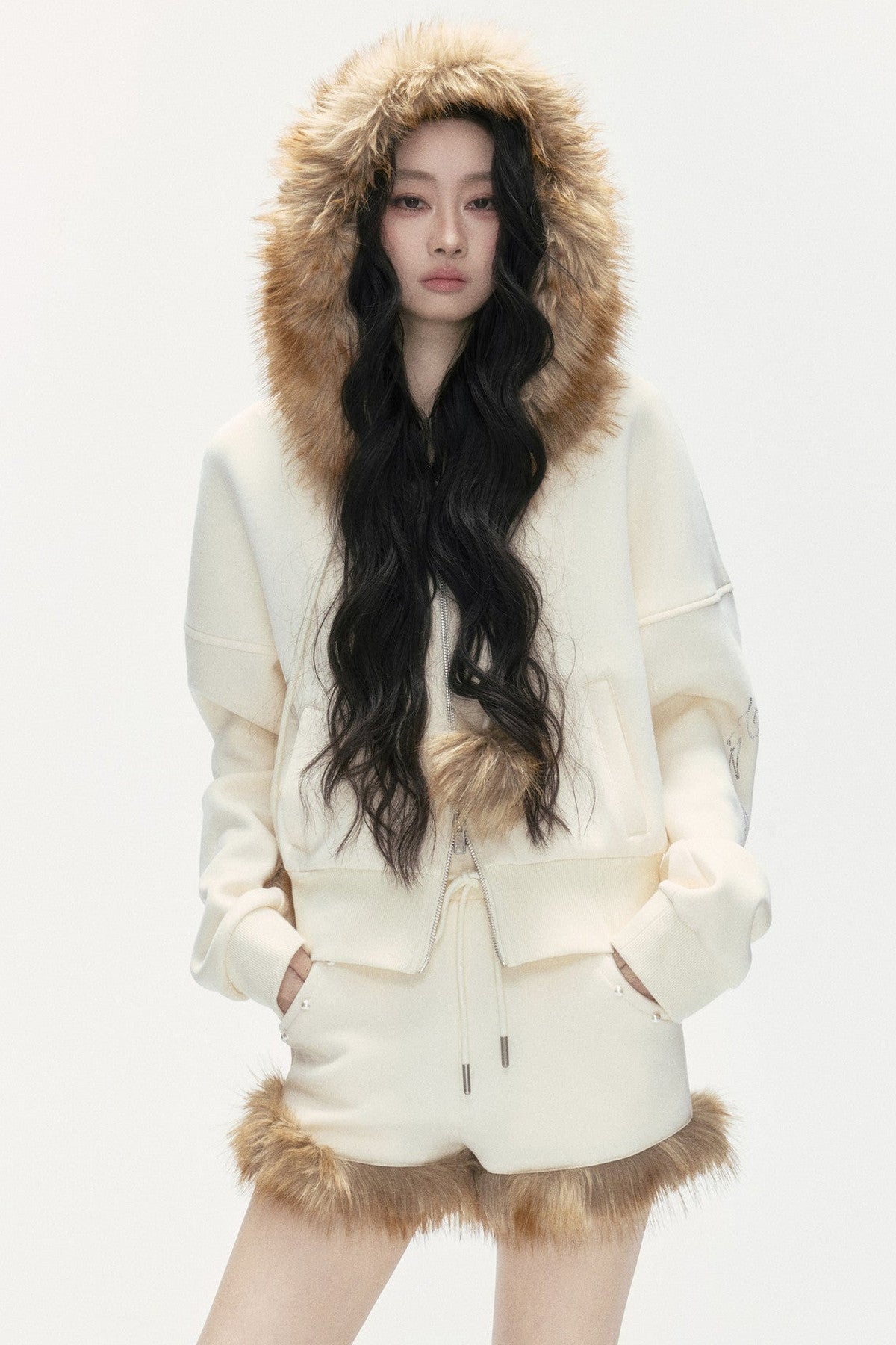Studded Embroidered Detachable Fur Collar Sweatshirt And Shorts Set-Up