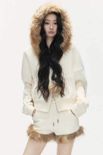 Studded Embroidered Detachable Fur Collar Sweatshirt And Shorts Set-Up