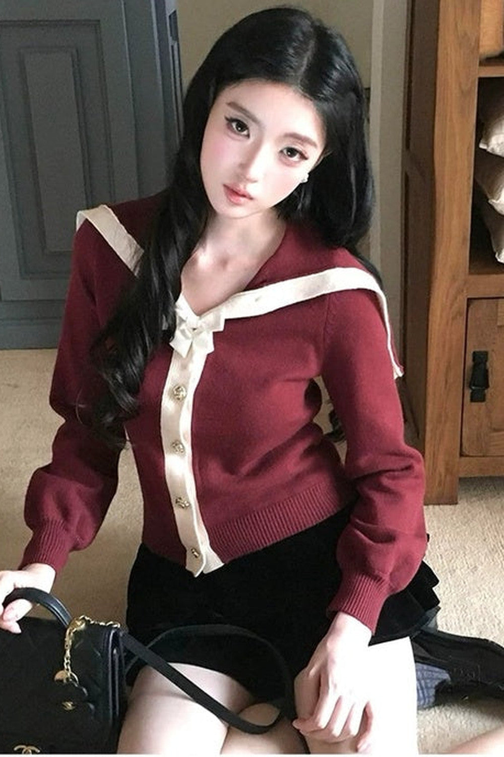Long-Sleeved Navy Collar Bow Single-Breasted Knit Cardigan