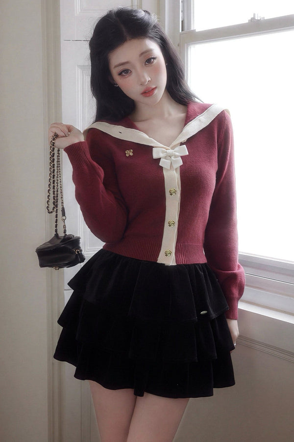 Long-Sleeved Navy Collar Bow Single-Breasted Knit Cardigan
