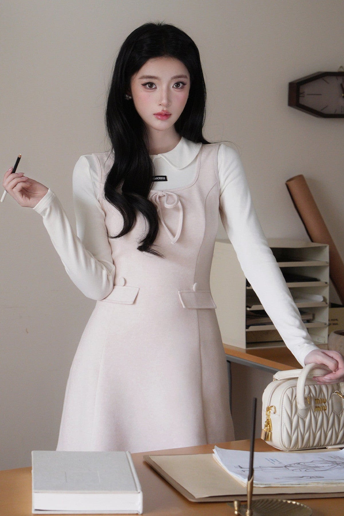 Doll Collar Bowknot Knit Top and Tank Dress Set-Up