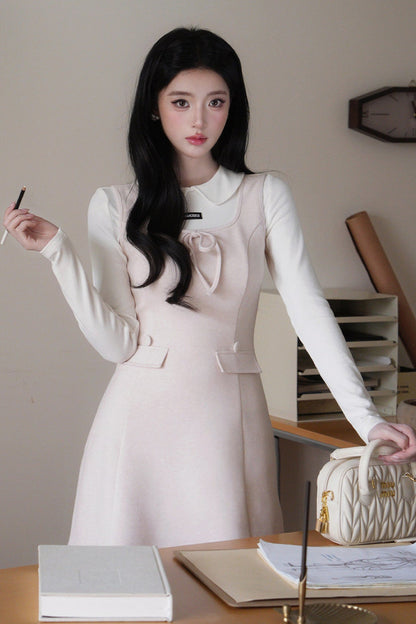 Doll Collar Bowknot Knit Top and Tank Dress Set-Up