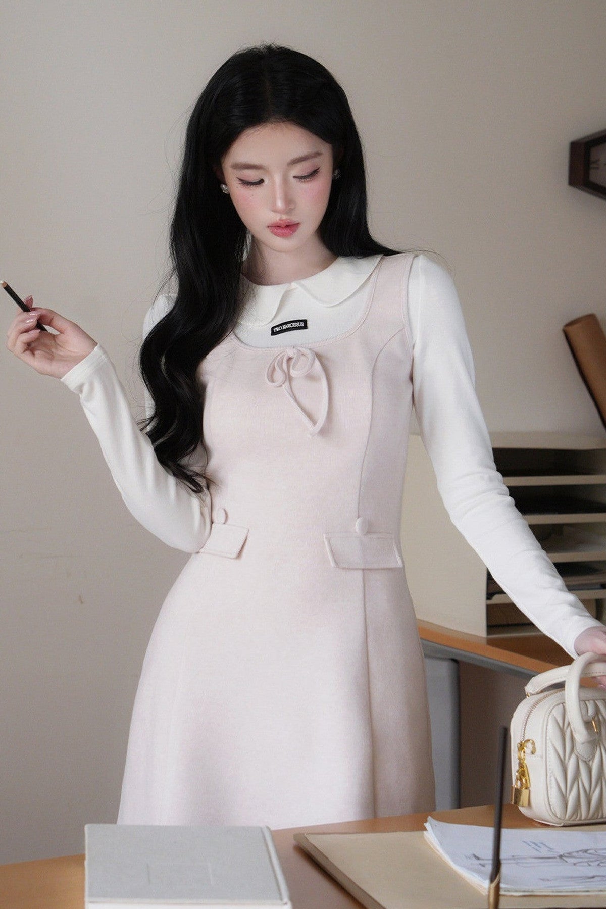 Doll Collar Bowknot Knit Top and Tank Dress Set-Up