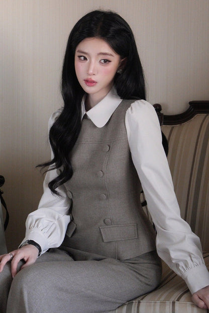 Doll Collar Puff Sleeve Shirt and Pants Set-Up