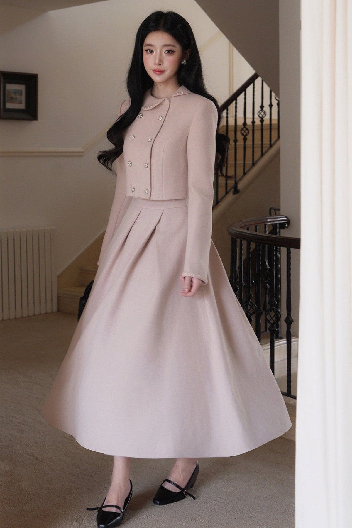 Hepburn Poster Double-Breasted Top and Long Skirt Set-Up