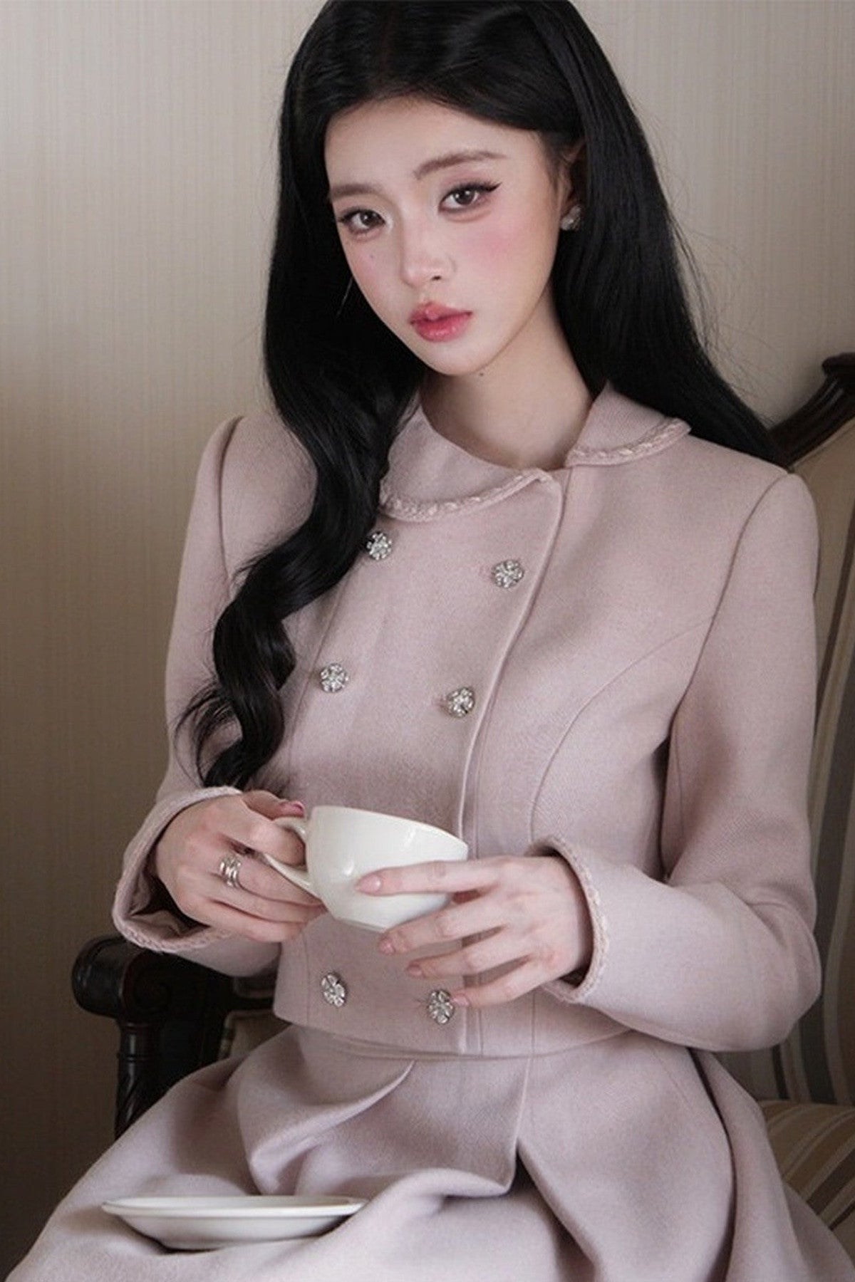 Hepburn Poster Double-Breasted Top and Long Skirt Set-Up